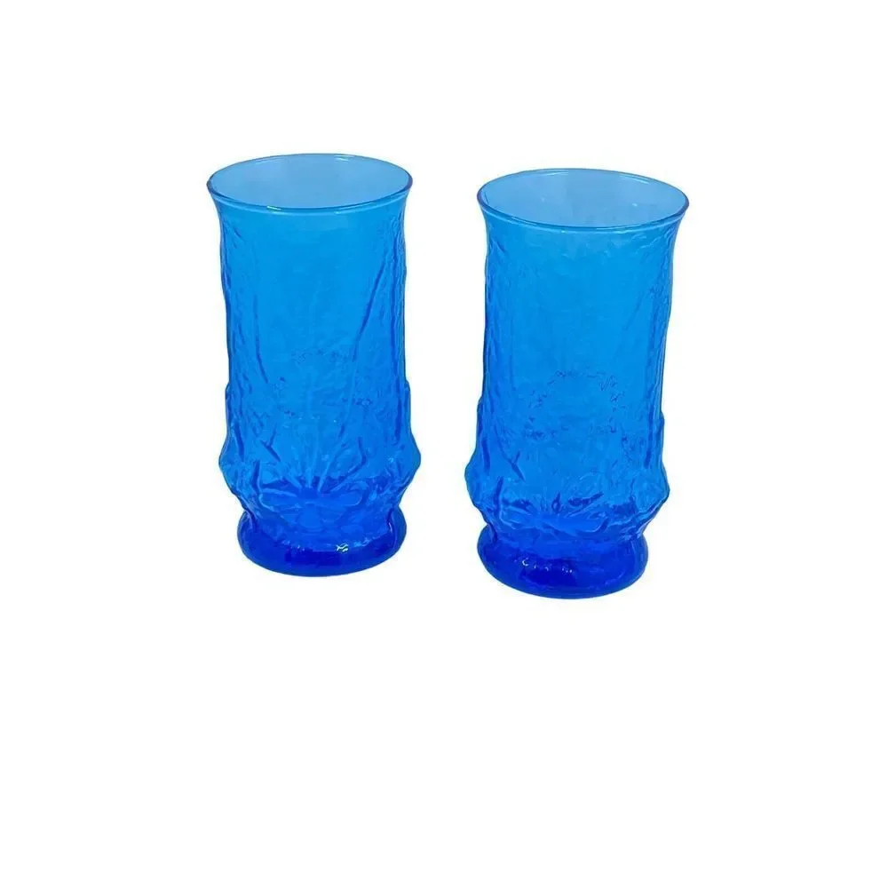 Vintage Anchor Hocking Blue Rain flower 12 oz Glass Tumblers 5 1/2